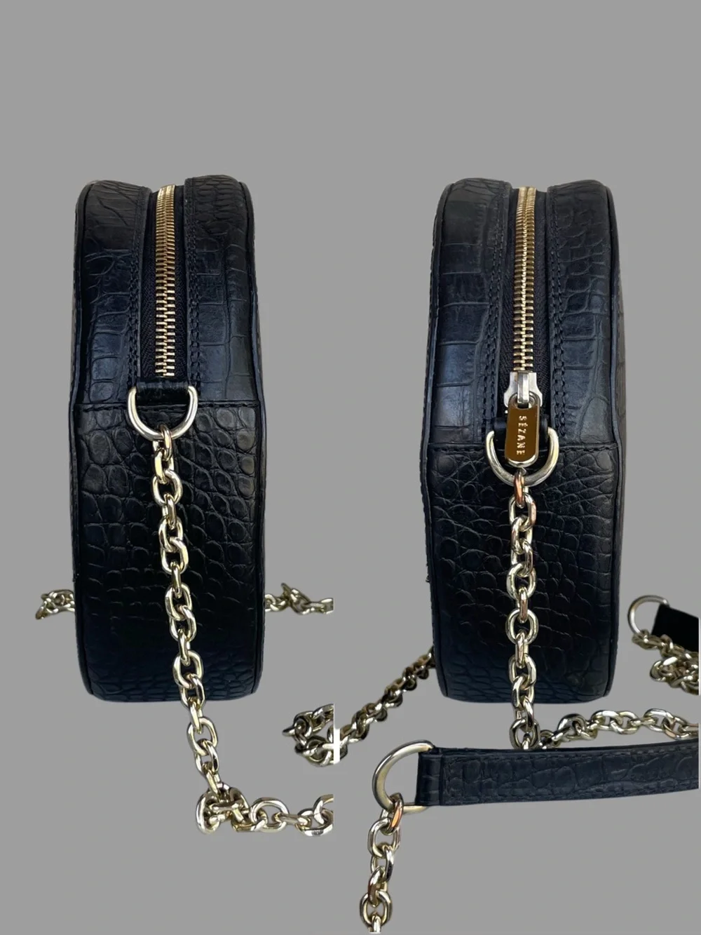 SEZANE Black Croc Embossed Leather Round Circle Crossbody Bag w/ Chain Strap